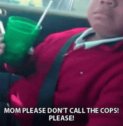 A Man In A Red Shirt Is Holding A Green Cup With A Straw And Says Mom Please Don 'T Call The Cops GIF