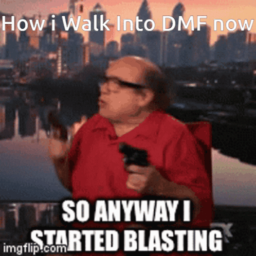 A Man In A Red Shirt Is Holding A Gun And Says " So Anyway I Started Blasting " On The Bottom GIF