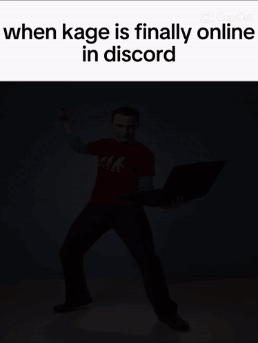 A Man In A Red Shirt Is Holding A Laptop And The Caption Says When Kage Is Finally Online In Discord GIF