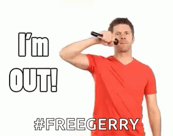 A Man In A Red Shirt Is Holding A Microphone In His Mouth And Says `` I 'M Out ! '' GIF