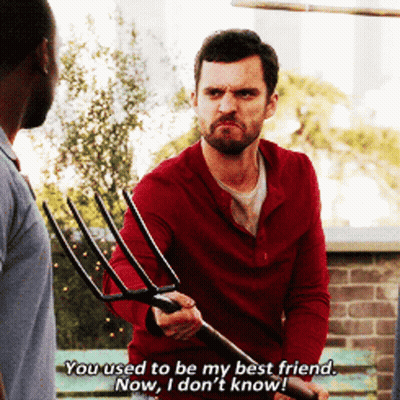 A Man In A Red Shirt Is Holding A Pitchfork And Says You Used To Be My Best Friend GIF