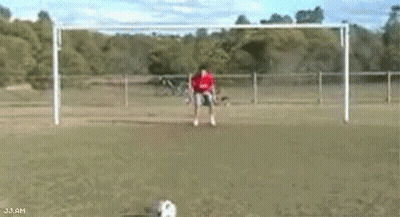 A Man In A Red Shirt Is Kicking A Soccer Ball Into A Soccer Goal . GIF