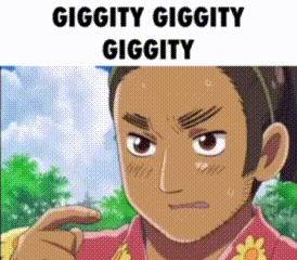 A Man In A Red Shirt Is Pointing At The Camera With The Words Giggity Giggity Giggity Written Above Him . GIF