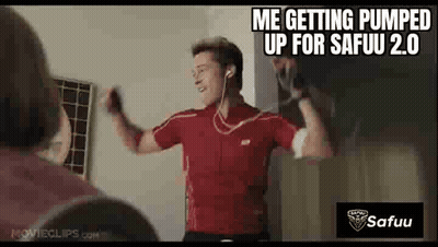 A Man In A Red Shirt Is Pumping Up His Muscles With The Caption " Me Getting Pumped Up For Safuu 2.0 " GIF