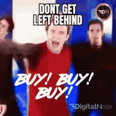 A Man In A Red Shirt Is Screaming And Says " Dont Get Left Behind Buy Buy Buy " GIF