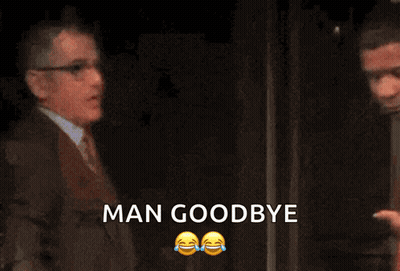 A Man In A Red Shirt Is Shaking Hands With Another Man And The Words Man Goodbye Are Above Them GIF