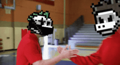 A Man In A Red Shirt Is Shaking Hands With Another Man With A Pixelated Face On His Head GIF