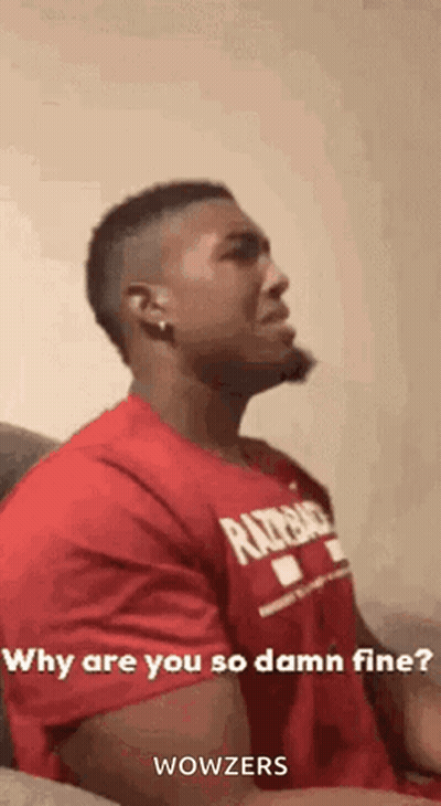 A Man In A Red Shirt Is Sitting On A Couch And Asking Why Are You So Damn Fine . GIF
