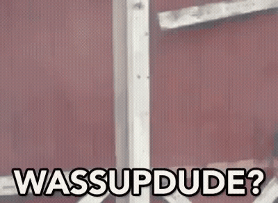 A Man In A Red Shirt Is Standing In A Doorway With The Words `` Wassup Dude '' Written On It . GIF