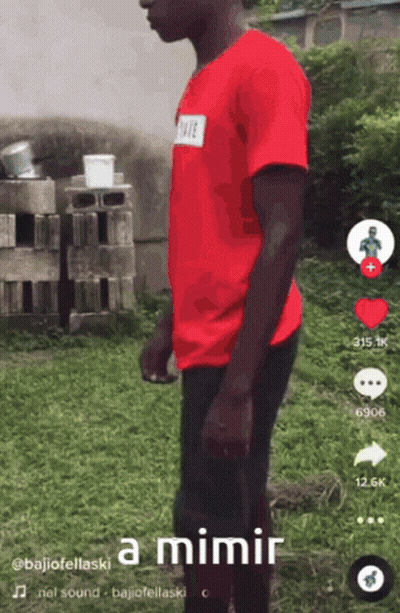 A Man In A Red Shirt Is Standing In A Grassy Area With The Words " A Mimir " Below Him GIF
