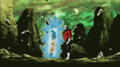 A Man In A Red Shirt Is Standing In Front Of A Blue Beam GIF