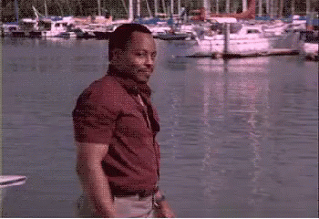 A Man In A Red Shirt Is Standing In Front Of A Body Of Water With Boats In It GIF