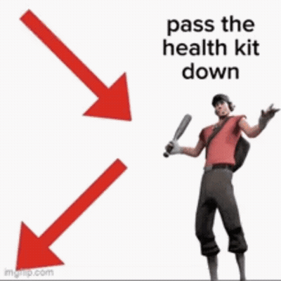 A Man In A Red Shirt Is Standing In Front Of A Red Arrow That Says Pass The Health Kit Down GIF