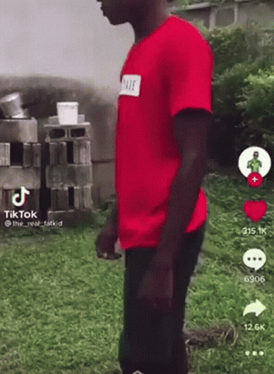 A Man In A Red Shirt Is Standing In The Grass In Front Of A Brick Wall . GIF