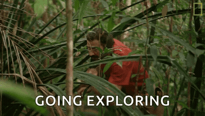 a man in a red shirt is standing in the jungle with the words `` going exploring '' written above him .