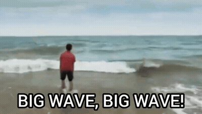 A Man In A Red Shirt Is Standing On A Beach Looking At The Ocean . GIF