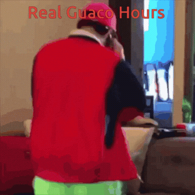 A Man In A Red Shirt Is Talking On A Cell Phone And The Words Real Guaco Hours Are Above Him GIF