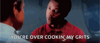 A Man In A Red Shirt Is Talking To Another Man And Says You 'Re Over Cookin My Grits . GIF