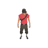A Man In A Red Shirt Is Walking With A Black Bag On His Shoulder Sticker