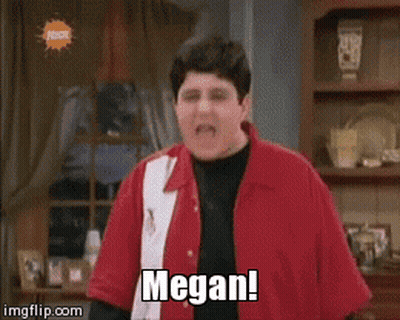 A Man In A Red Shirt Says Megan GIF