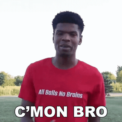 A Man In A Red Shirt That Says All Balls No Brains GIF