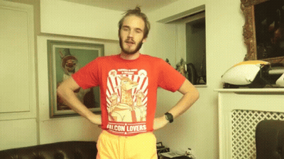 A Man In A Red Shirt That Says Falcon Lovers On It GIF