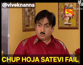 A Man In A Red Shirt With A Mustache Says Chup Hoja Satevi Fail . GIF