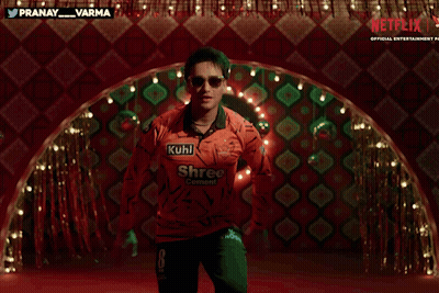 A Man In A Red Shirt With The Word Shree Cement On It GIF