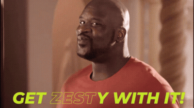 A Man In A Red Shirt With The Words Get Zesty With It Behind Him GIF