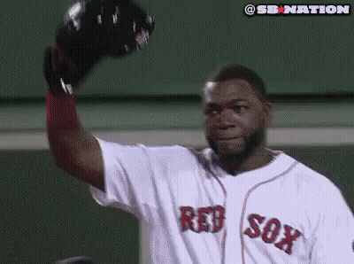 A Man In A Red Sox Jersey Is Waving His Glove In The Air GIF