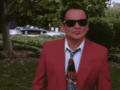 A Man In A Red Suit And Tie Is Wearing Sunglasses And A Red Jacket . GIF
