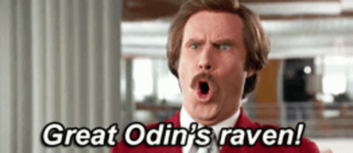 A Man In A Red Suit And Tie Says Great Odin 'S Raven . GIF