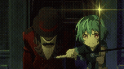 A Man In A Red Suit And Top Hat Stands Next To A Girl With Green Hair GIF