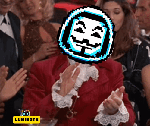 A Man In A Red Suit Applauds With A Pixelated Face On His Head And The Word Lumibots On The Bottom GIF