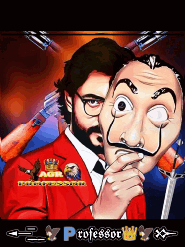 A Man In A Red Suit Is Holding A Mask With The Word Professor On The Bottom Right GIF