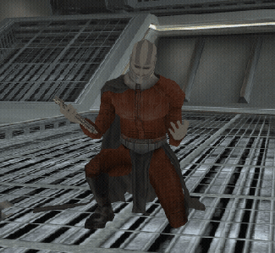 A Man In A Red Suit Is Holding A Sword In His Hand GIF