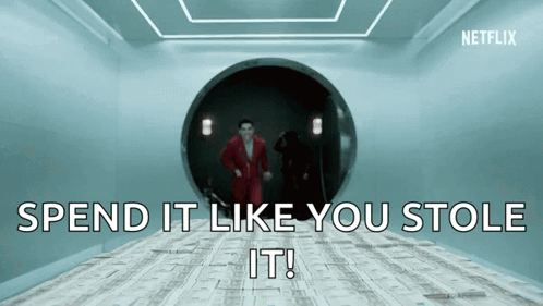 A Man In A Red Suit Is Running Through A Tunnel With The Words Spend It Like You Stole It .. GIF