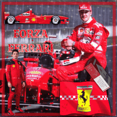 A Man In A Red Suit Is Sitting In Front Of A Ferrari GIF