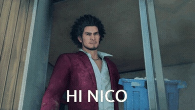 A Man In A Red Suit Is Standing In A Doorway With The Words Hi Nico Written Above Him GIF