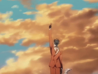 A Man In A Red Suit Is Standing In Front Of A Cloudy Sky With His Hand Up In The Air GIF