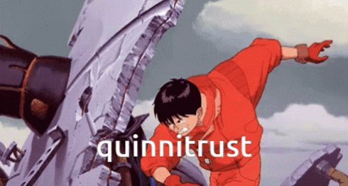 A Man In A Red Suit Is Standing In Front Of A Machine And The Word Quinnitrust Is Above Him GIF