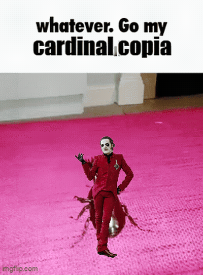 A Man In A Red Suit Is Standing On A Pink Carpet With The Words Whatever Go My Cardinal Copia GIF