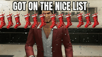 A Man In A Red Suit Is Surrounded By Christmas Stockings And The Words Got On The Nice List Above Him GIF