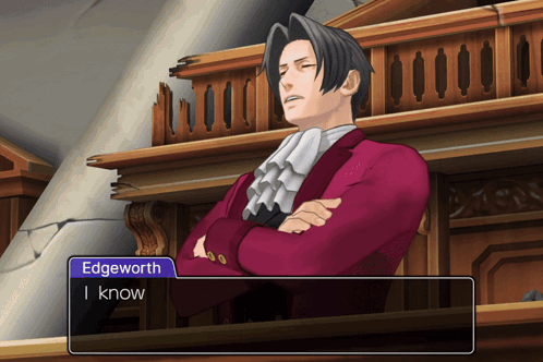 A Man In A Red Suit Says " Edgeworth I Know " In A Video Game GIF