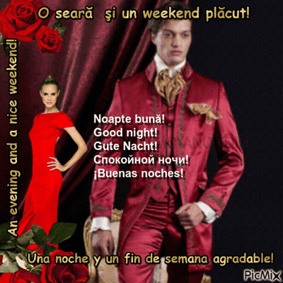 A Man In A Red Suit Stands Next To A Woman In A Red Dress And Roses GIF