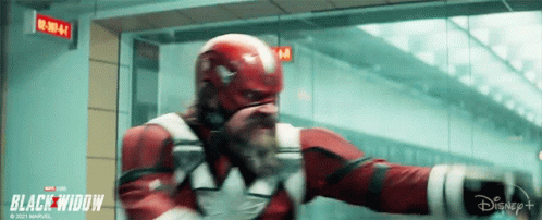 Man In Red Suit With Black Widow Text GIF