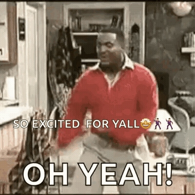 A Man In A Red Sweater Is Dancing In A Kitchen With The Words `` So Excited For Yall Oh Yeah ! '' GIF