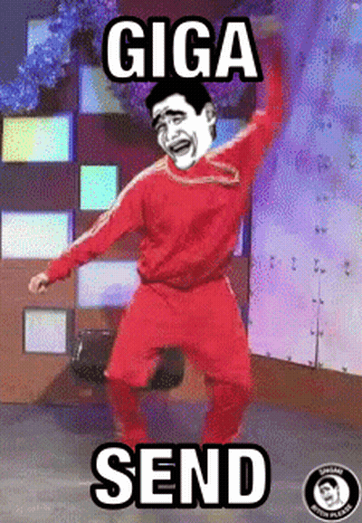 A Man In A Red Sweater Is Dancing With The Caption Giga Send GIF