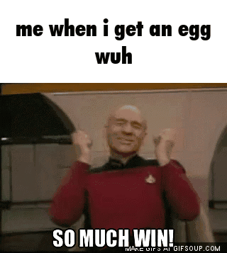 A Man In A Red Sweater Says Me When I Get An Egg Wuh So Much Win ! GIF