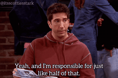 A Man In A Red Sweatshirt Says Yeah And I 'M Responsible For Just Half Of That GIF